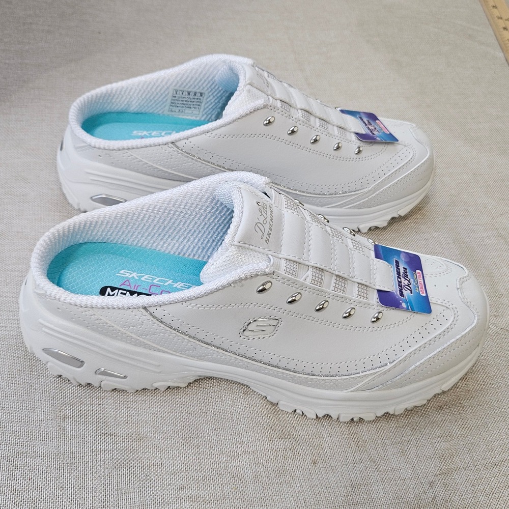 Skechers D'Lites Resilient Womens 9 White Silver Leather Mule Sneakers 11933 NEW - Picture 3 of 11